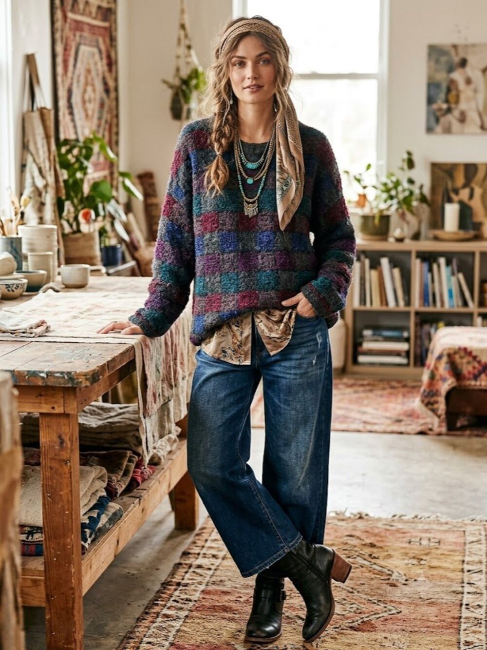 Multicolor Checker Knit Sweater - Cozy Women's Pullover